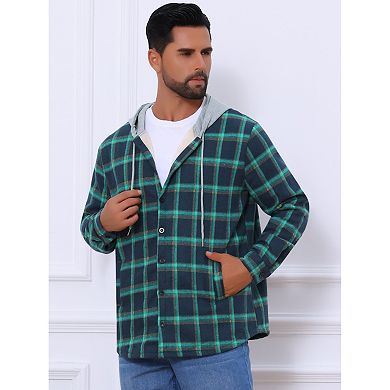 Men's Fleece Lining Drawstring Hooded Plaid Shirt Jacket