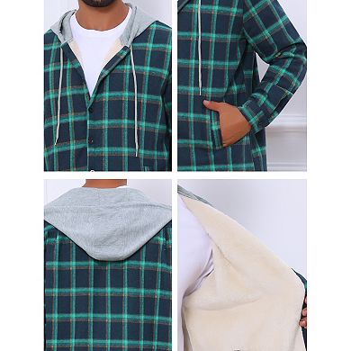 Men's Fleece Lining Drawstring Hooded Plaid Shirt Jacket