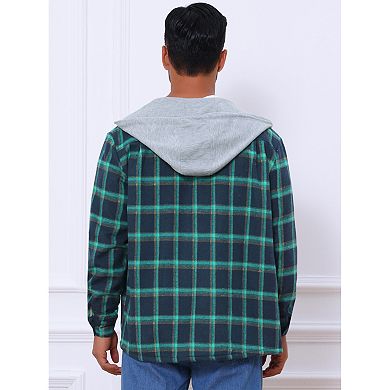 Men's Fleece Lining Drawstring Hooded Plaid Shirt Jacket