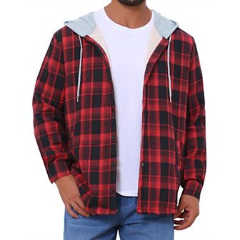 Men's Fleece Lining Drawstring Hooded Plaid Shirt Jacket