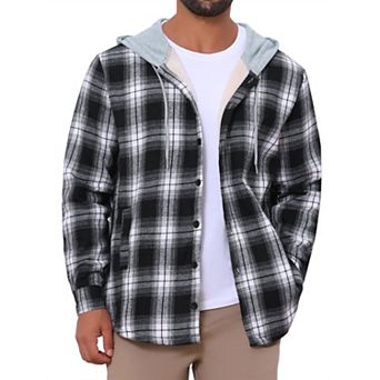 Men's Fleece Lining Drawstring Hooded Plaid Shirt Jacket
