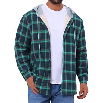 Men's Fleece Lining Drawstring Hooded Plaid Shirt Jacket