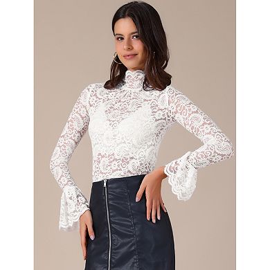 See Through Lace Top Gothic High Neck Bell Long Sleeve Sheer Mesh Tops