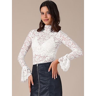 See Through Lace Top Gothic High Neck Bell Long Sleeve Sheer Mesh Tops