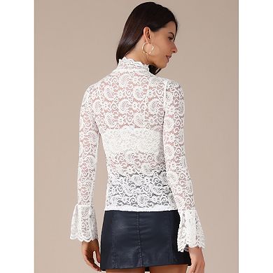 See Through Lace Top Gothic High Neck Bell Long Sleeve Sheer Mesh Tops