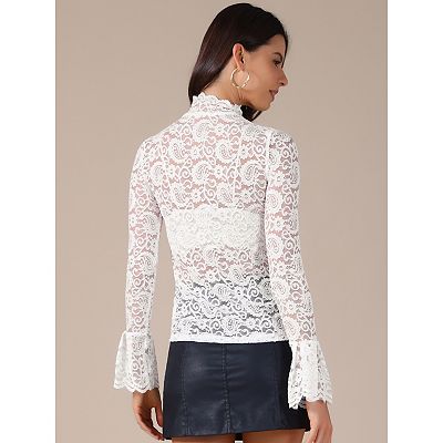 See Through Lace Top Gothic High Neck Bell Long Sleeve Sheer Mesh Tops