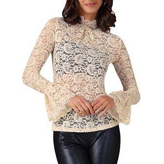 See Through Lace Top Gothic High Neck Bell Long Sleeve Sheer Mesh Tops