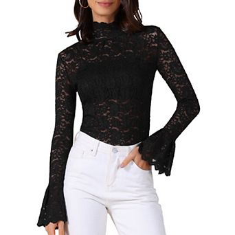 See Through Lace Top Gothic High Neck Bell Long Sleeve Sheer Mesh Tops