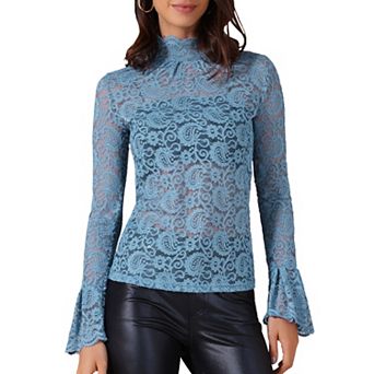 See Through Lace Top Gothic High Neck Bell Long Sleeve Sheer Mesh Tops