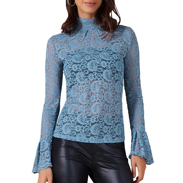 See Through Lace Top Gothic High Neck Bell Long Sleeve Sheer Mesh Tops