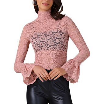 See Through Lace Top Gothic High Neck Bell Long Sleeve Sheer Mesh Tops