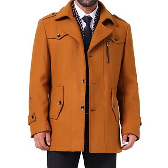 Men's Mid-Length Overcoat Zipper Single Breasted Winter Coat Business Scarf Collar Coat