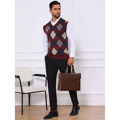 Men's Casual Knit Sleeveless V-Neck Plaid Argyle Sweater Vest