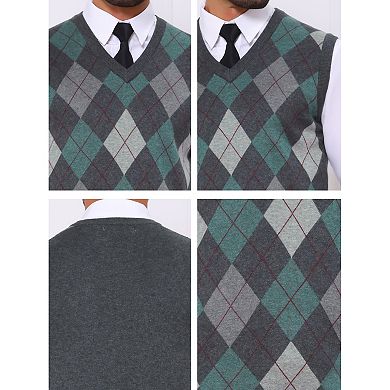 Men's Casual Knit Sleeveless V-Neck Plaid Argyle Sweater Vest