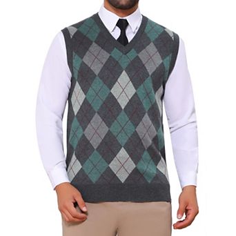 Men's Casual Knit Sleeveless V-Neck Plaid Argyle Sweater Vest