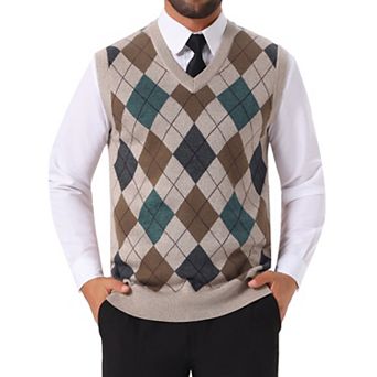 Men's Casual Knit Sleeveless V-Neck Plaid Argyle Sweater Vest