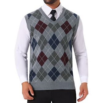 Men's Casual Knit Sleeveless V-Neck Plaid Argyle Sweater Vest