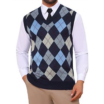 Men's Casual Knit Sleeveless V-Neck Plaid Argyle Sweater Vest