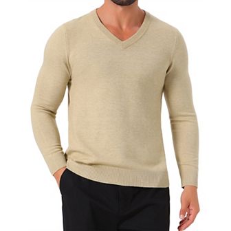Men's Long Sleeve V-Neck Solid Color Knitted Pullover Sweater