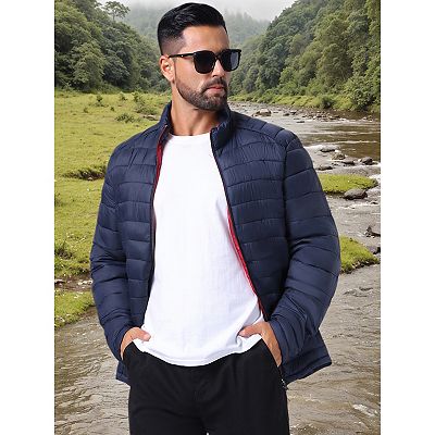 Men's Winter Solid Color Stand Collar Zipper Quilted Puffer Jacket