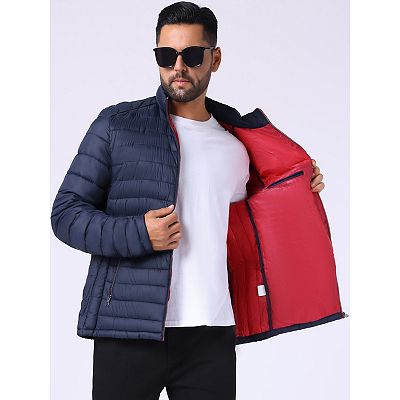 Men's Winter Solid Color Stand Collar Zipper Quilted Puffer Jacket