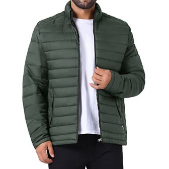 Men's Winter Solid Color Stand Collar Zipper Quilted Puffer Jacket
