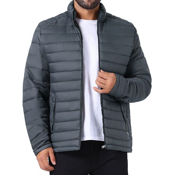 Men's Winter Solid Color Stand Collar Zipper Quilted Puffer Jacket