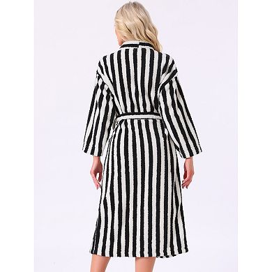Women's Bath Robe Fleece Fluffy Terry Long Sleeve Belt Full Length Striped Plush Shaggy with Pockets