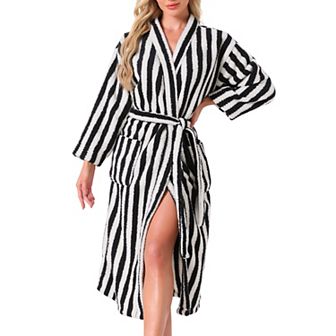Women's Bath Robe Fleece Fluffy Terry Long Sleeve Belt Full Length Striped Plush Shaggy with Pockets