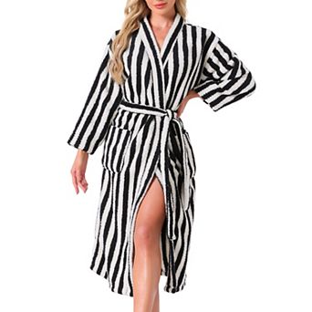 Women's Bath Robe Fleece Fluffy Terry Long Sleeve Belt Full Length Striped Plush Shaggy with Pockets