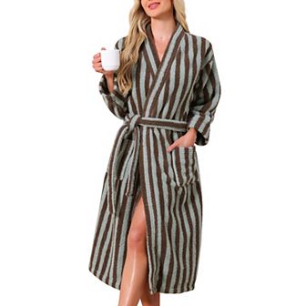 Women's Bath Robe Fleece Fluffy Terry Long Sleeve Belt Full Length Striped Plush Shaggy with Pockets