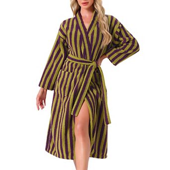 Women's Bath Robe Fleece Fluffy Terry Long Sleeve Belt Full Length Striped Plush Shaggy with Pockets