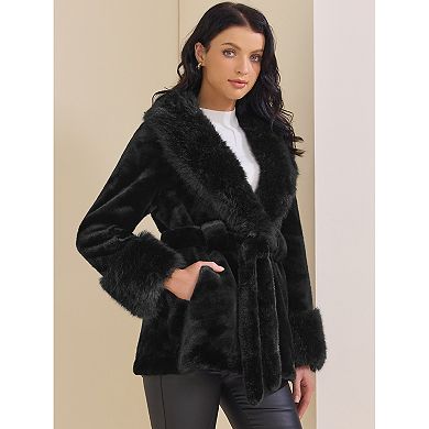 Women's Faux Fur Coat Winter Lapel Shaggy Warm Fluffy Jacket with Pockets