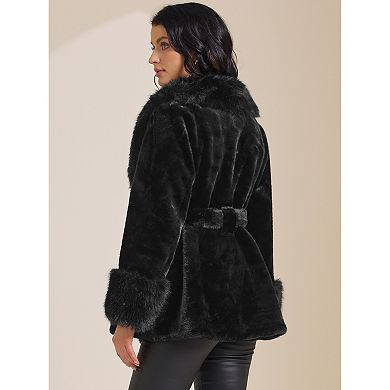 Women's Faux Fur Coat Winter Lapel Shaggy Warm Fluffy Jacket with Pockets