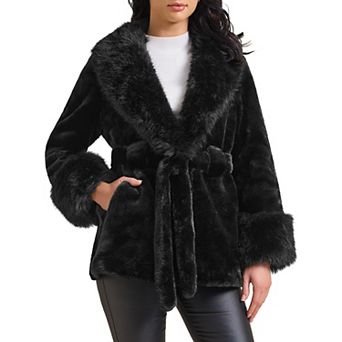 Women's Faux Fur Coat Winter Lapel Shaggy Warm Fluffy Jacket with Pockets