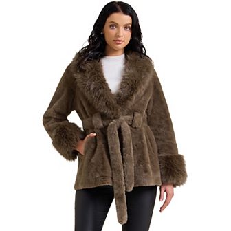 Women's Faux Fur Coat Winter Lapel Shaggy Warm Fluffy Jacket with Pockets