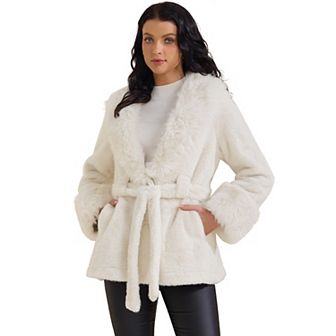 Women's Faux Fur Coat Winter Lapel Shaggy Warm Fluffy Jacket with Pockets