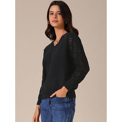 Women's Sweaters V Neck Knit Crochet Hollow Out Long Sleeve Pullover Sweater Top