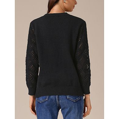 Women's Sweaters V Neck Knit Crochet Hollow Out Long Sleeve Pullover Sweater Top
