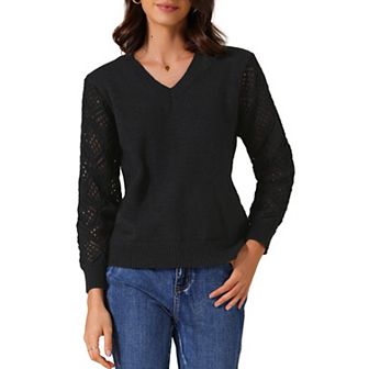 Women's Sweaters V Neck Knit Crochet Hollow Out Long Sleeve Pullover Sweater Top