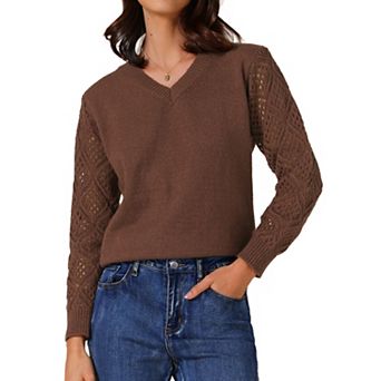 Women's Sweaters V Neck Knit Crochet Hollow Out Long Sleeve Pullover Sweater Top