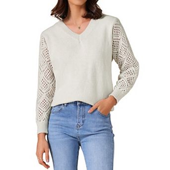 Women's Sweaters V Neck Knit Crochet Hollow Out Long Sleeve Pullover Sweater Top