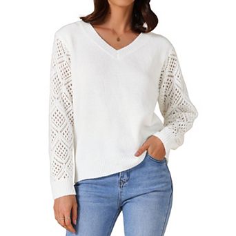Women's Sweaters V Neck Knit Crochet Hollow Out Long Sleeve Pullover Sweater Top