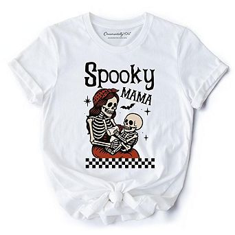 Spooky Mama Skeleton Halloween T-Shirt, Momster Retro Checkered Tee With Boo Vibes