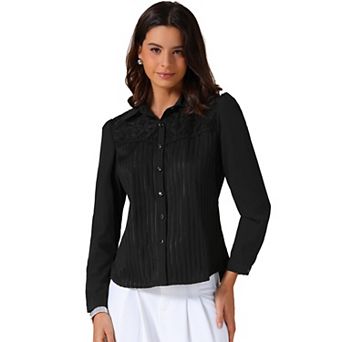 Women's Work Shirt Striped Lace Panel Button Down Long Sleeve Office Blouse