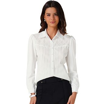 Women's Work Shirt Striped Lace Panel Button Down Long Sleeve Office Blouse