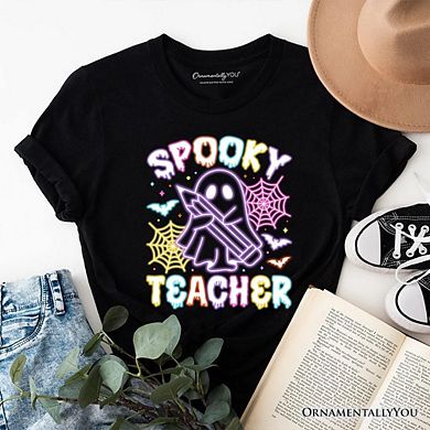 Spooky Teacher Neon Ghost T-Shirt, Retro Halloween Tee for Educators
