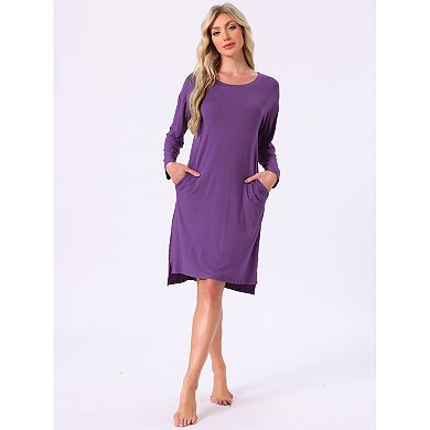 Women's Nightgown Long Sleeve Slit High Low Hem Rayon Built in Bra with Pockets Sleepdress Nightwear