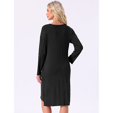 Women's Nightgown Long Sleeve Slit High Low Hem Rayon Built in Bra with Pockets Sleepdress Nightwear