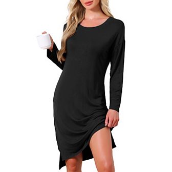 Women's Nightgown Long Sleeve Slit High Low Hem Rayon Built in Bra with Pockets Sleepdress Nightwear